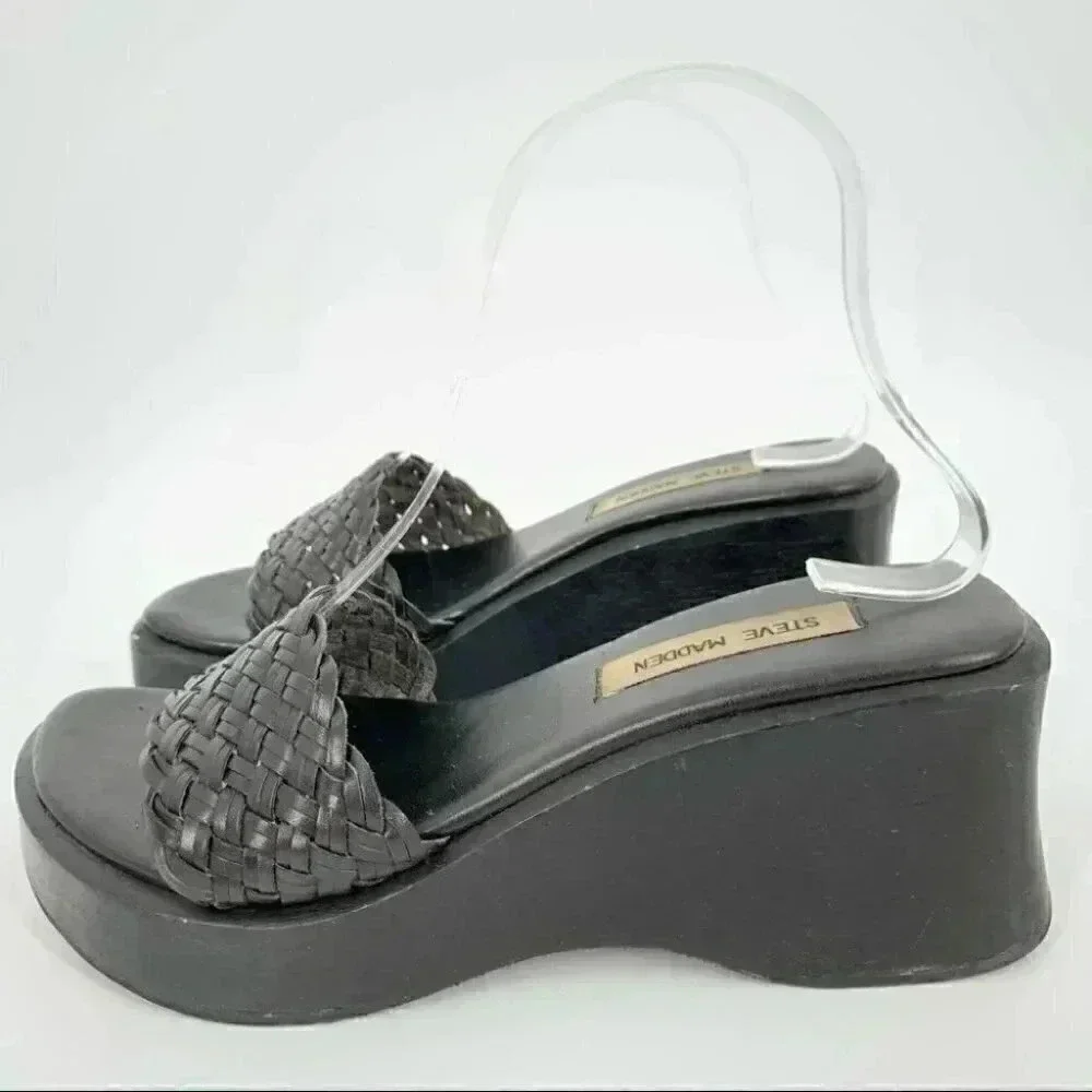 Steve madden sandals 8.5 Lil Black woven leather chunky wooden platforms 90s y2k